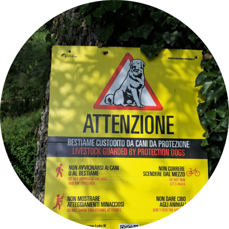 A warning sign about the presence of livestock guarding dogs.